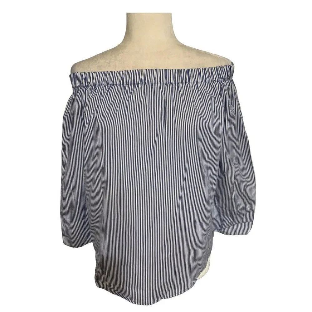 zara womens blue white striped long sleeve cold shoulder top small